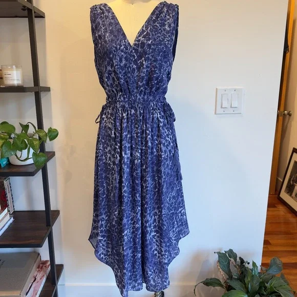 Ramy Brook Kelsie Blue Leopard Print Hi-Low Midi Dress-Tassle Belt-V Neck-Sz XS - Picture 1 of 16